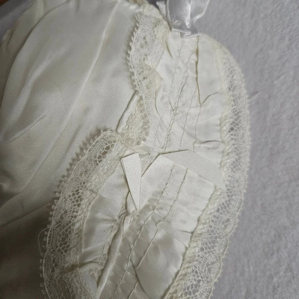 Vintage Ivory Satin Christening Gown Set Coat Bonnet Lace Smocked Baptism 6-9mos